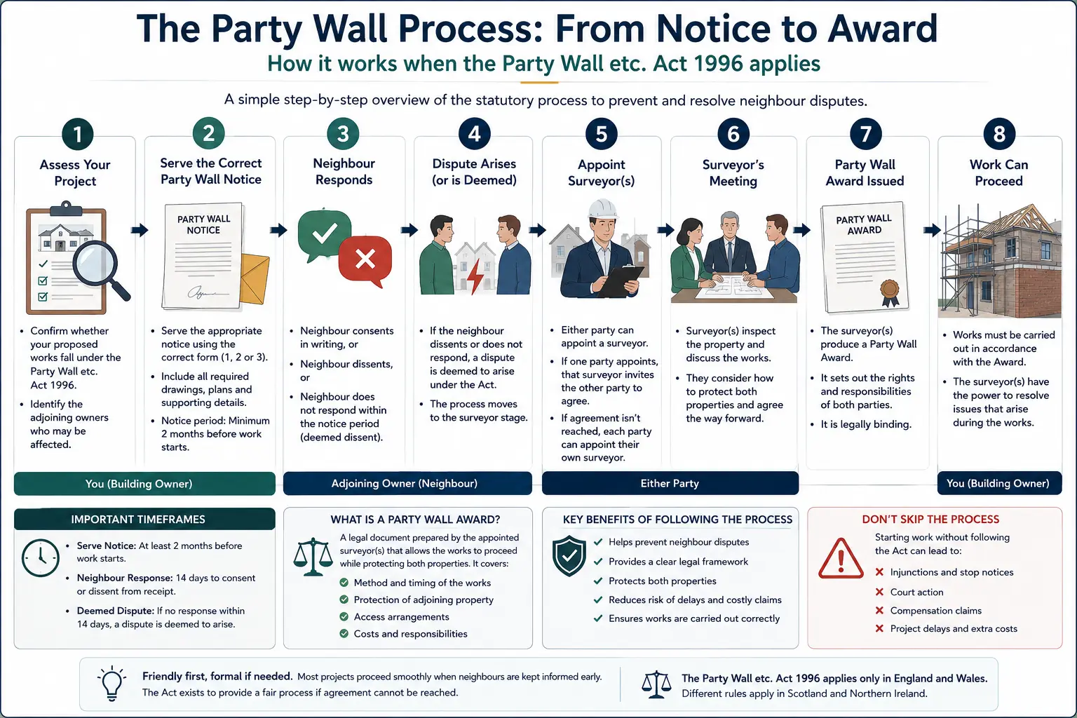 Do I Need a Party Wall Agreement? An infographic showing the party wall process from notice to award in a very interactive way for the citizens living in Chigwell, UK