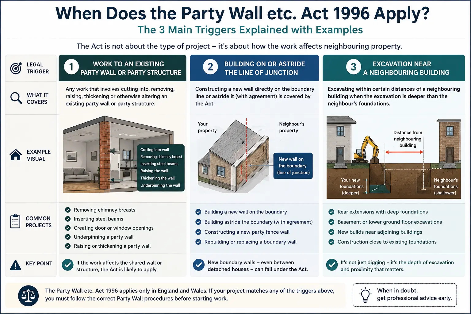 Do I Need a Party Wall Agreement? An infographic showing when does the party wall etc act 1996 apply like excavation, junction, painting, in Chigwell, UK